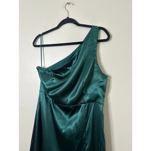 Birdy Grey Satin One Shoulder Maxi Kira Dress L Front Slit Emerald Green Formal - Picture 3 of 10